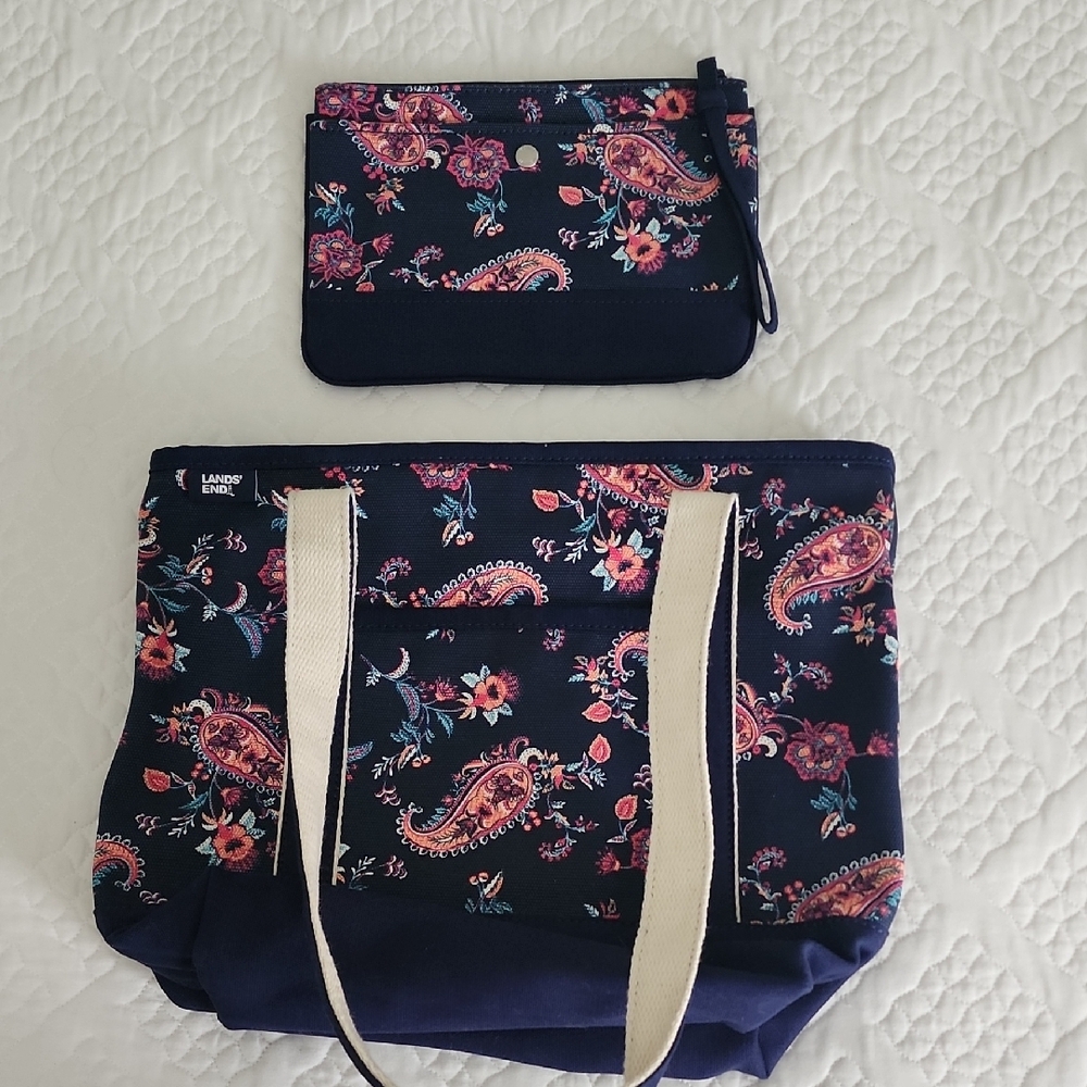 Lands' End Floral Tote and Pouch Set - Navy